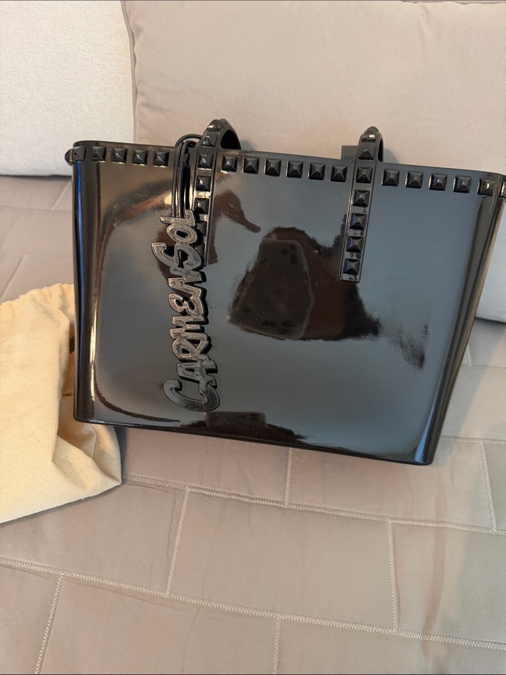 Patent Black Studded Tote with Script Charm